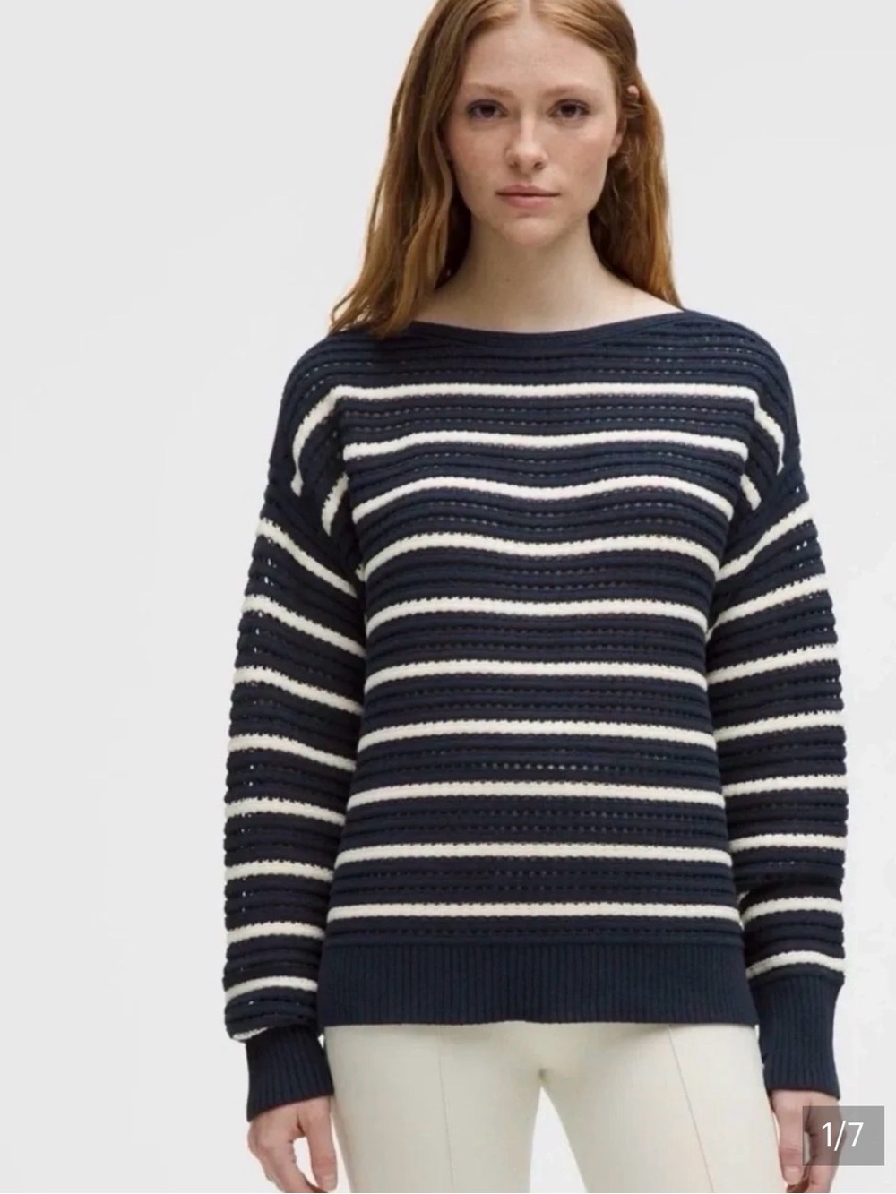 Lululemon Cotton Crochet Pullover Open-Knit Crewneck Sweater - Navy & White